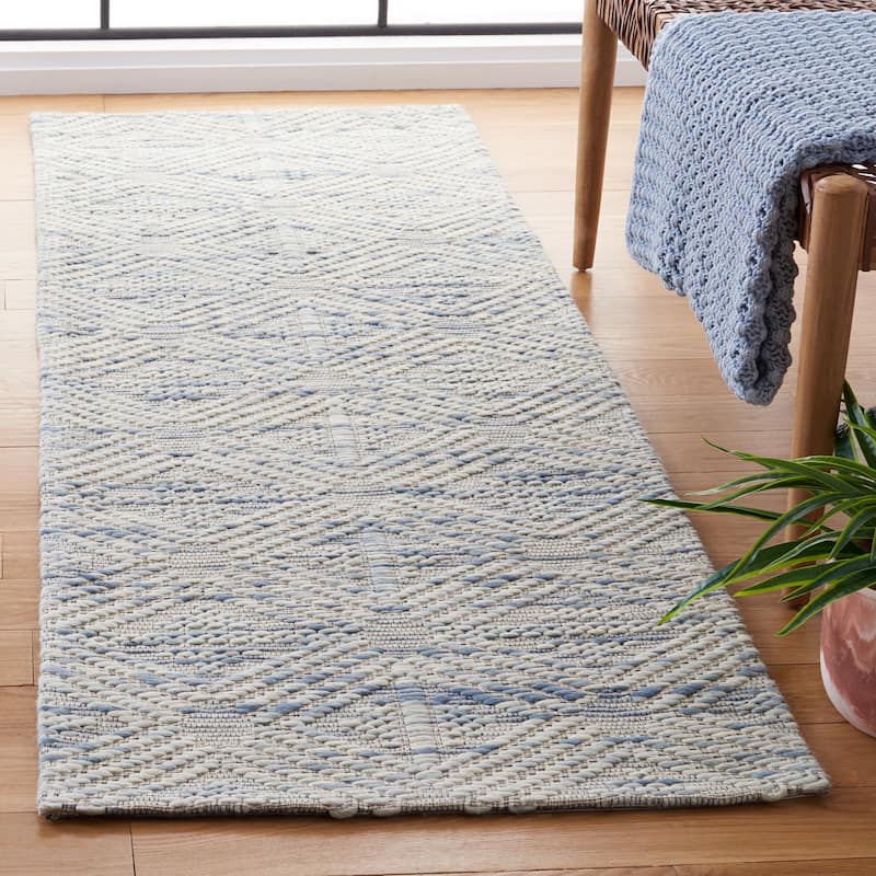 SAFAVIEH Handmade Marbella Roelfiene Wool Rug - 2'3" x 8' Runner - Light Blue/Beige