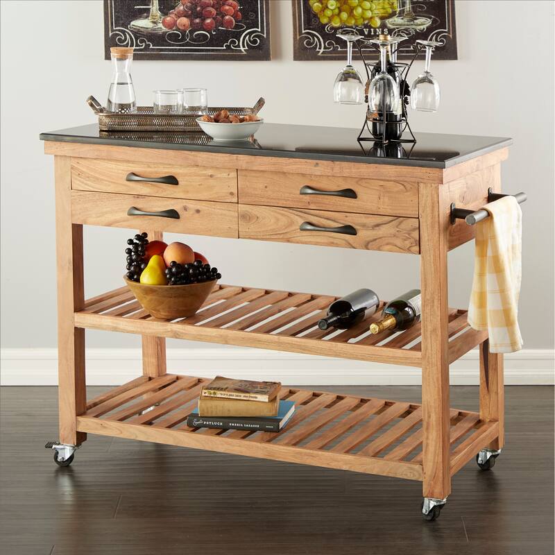 Wood Rolling 4 Drawer and 2 Shelf Kitchen Cart with Black Metal Handles and Marble Top - Brown - Roche River Decor