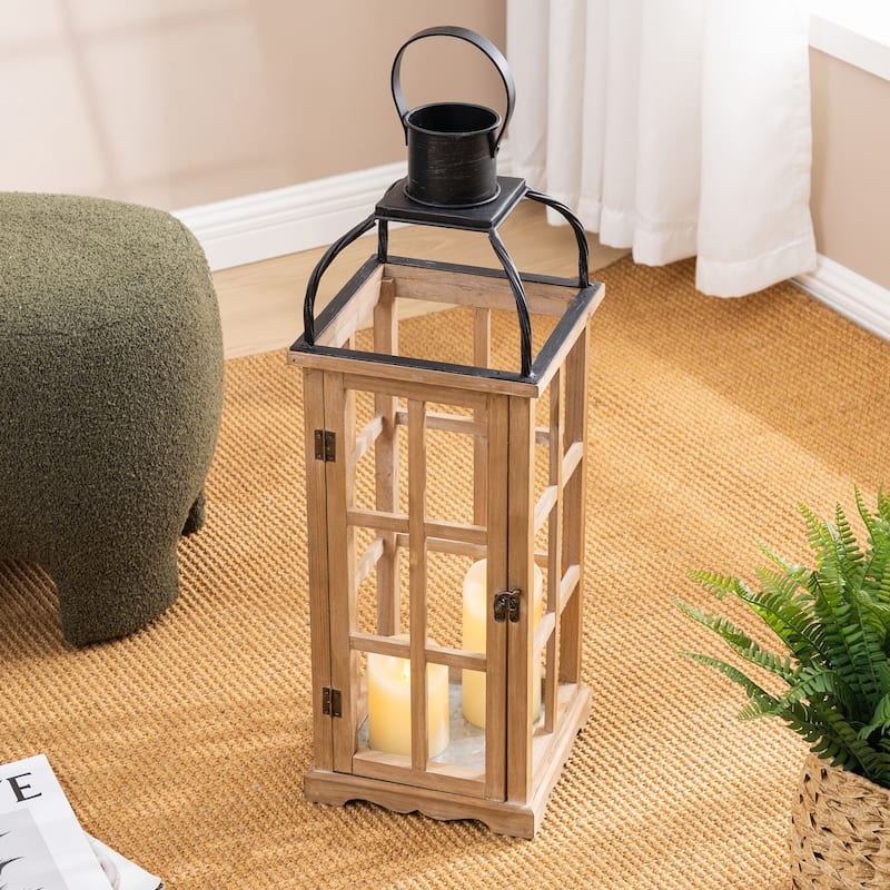 Glitzhome Farmhouse Wooden Metal Cage Candle Holders Patio Hanging Vintage Lanterns (Set of 2)