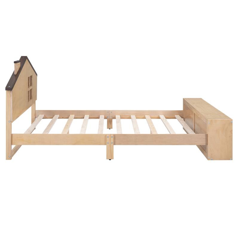Full House Shaped Platform Bed with LED - Natural Wood