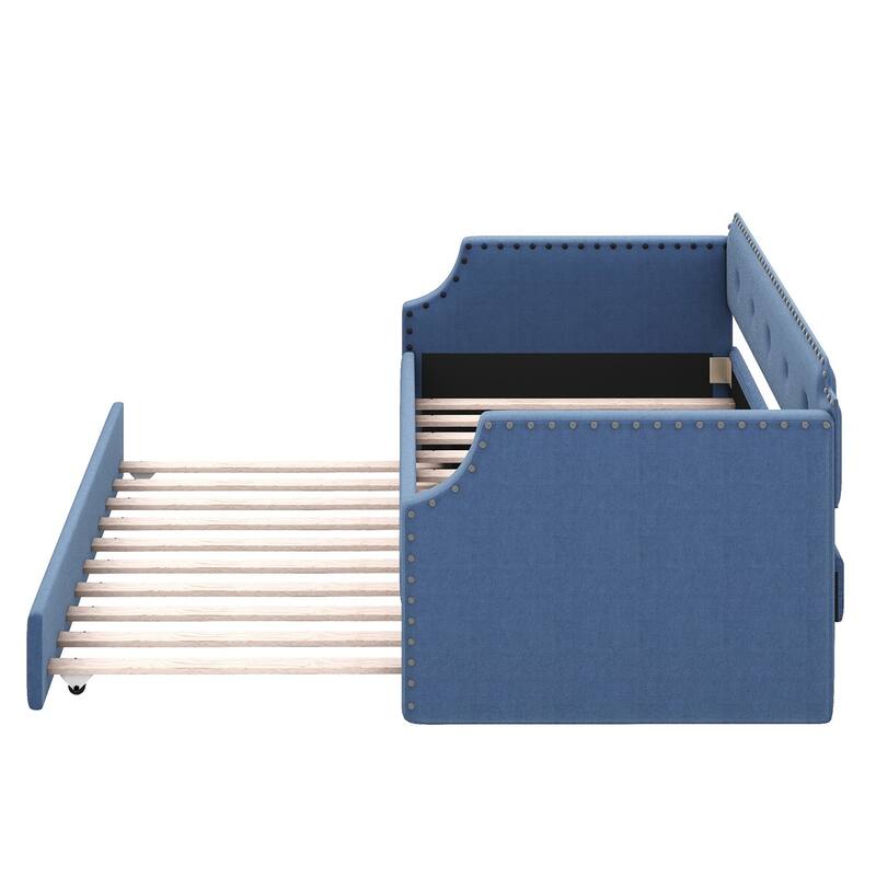 Twin Size Linen Upholstered Daybed Living Room Sofa Bed Frame with Trundle