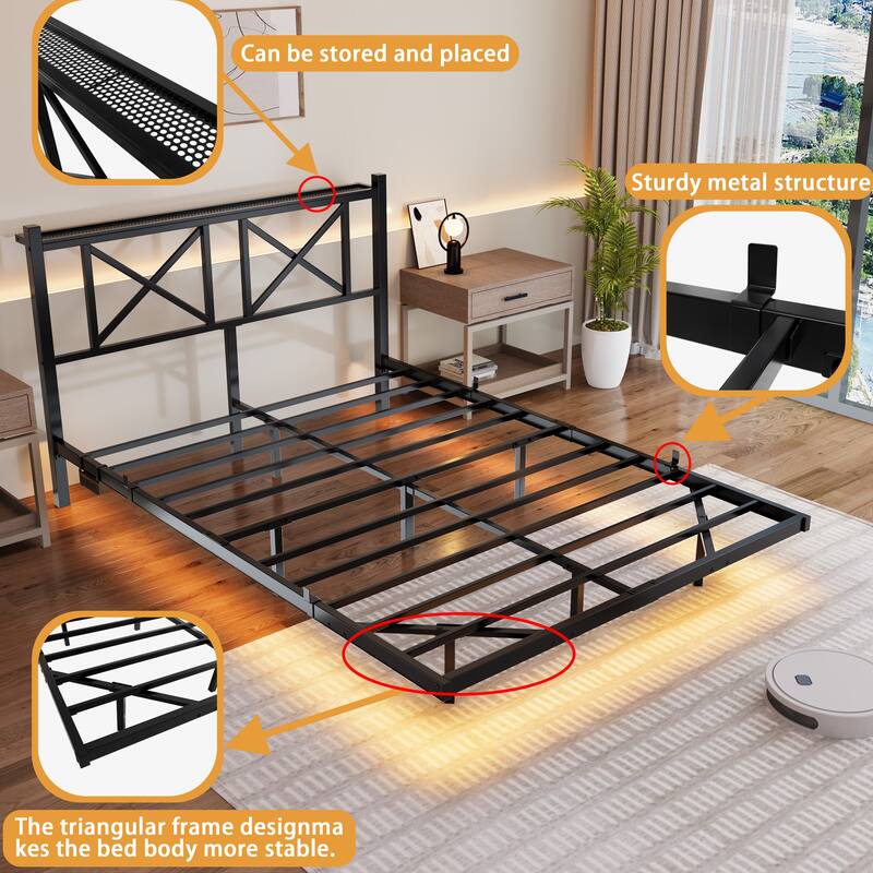 Floating Bed Frame with Storage Drawers, USB & LED Lights, Modern Platform Bed with Duty Steel Slats, No Box Spring Needed