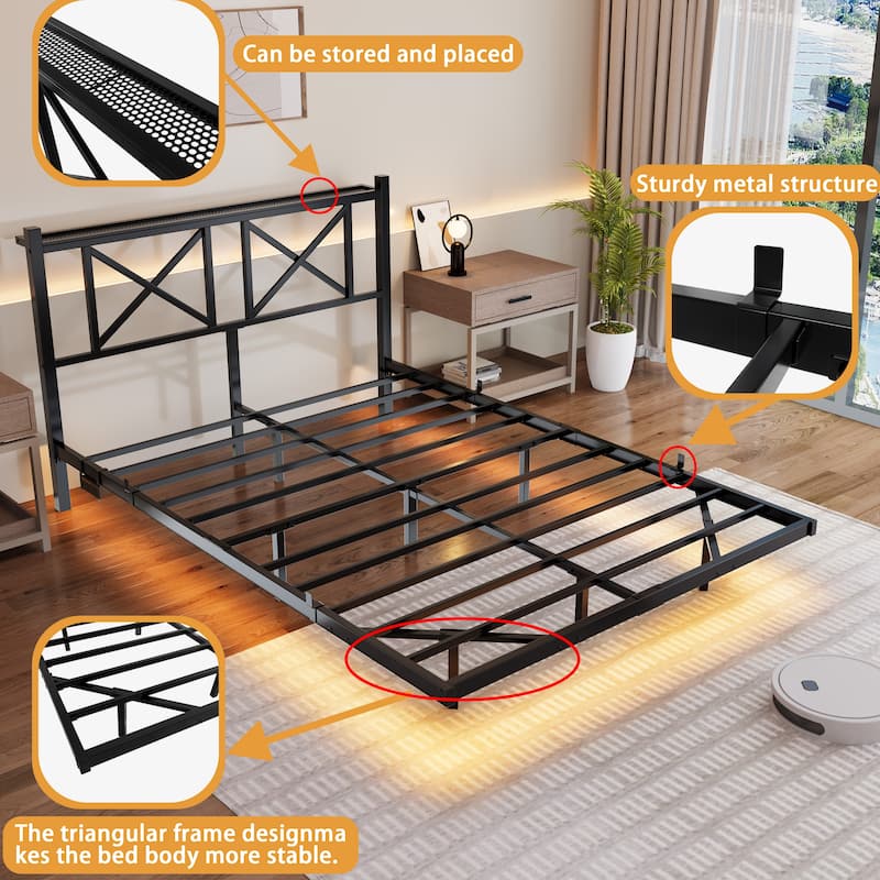 Full/Queen Floating Platform Bed Frame with LED Lights, USB Charging Station, Storage Headboard, Heavy-Duty Steel Slats