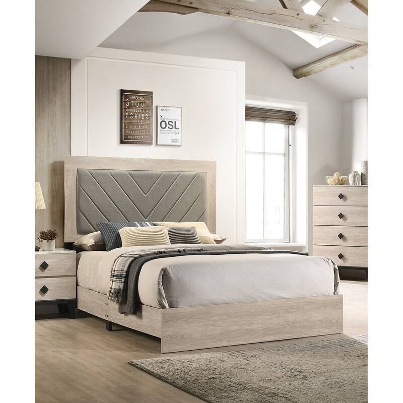 Contemporary Queen Size Bed with Gray V-Design Headboard and Rubberwood Frame