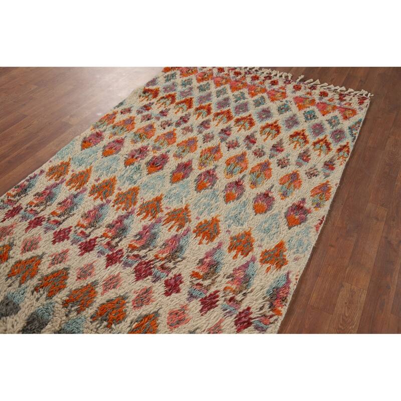 Hand Knotted Oriental 100% Wool Carpet Modern All-Over Beige & Ivories Moroccan Runner Rug - 6' 6'' X 3' 3''