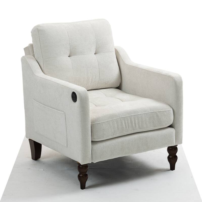 Chenille Accent Armchair, Upholstered Lounge Chair with USB Port, Single Sofa Chair with Wooden Legs & Side Storage