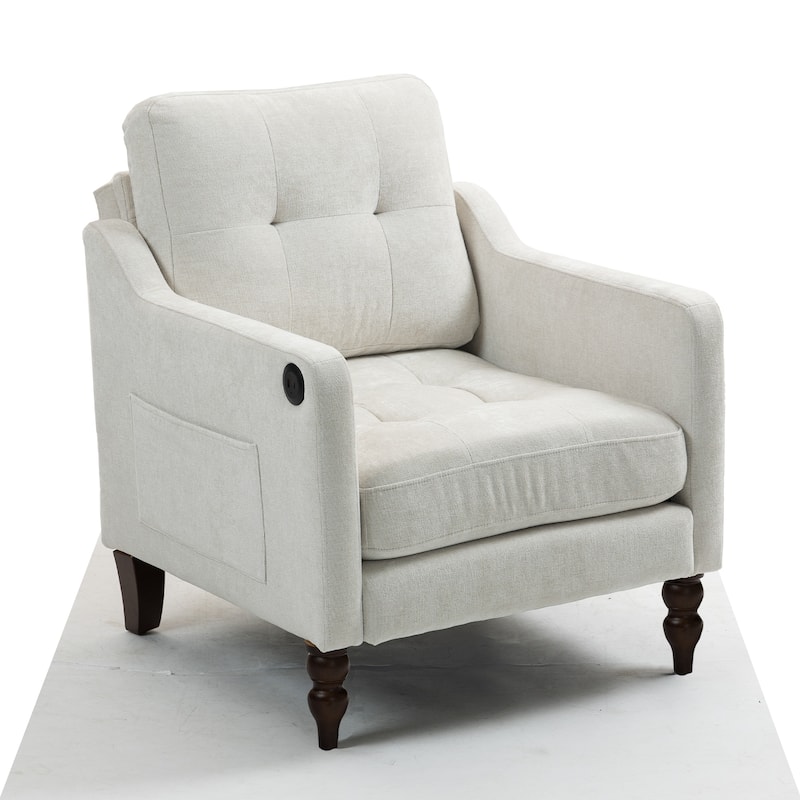 Chenille Accent Chair with USB Port, Ergonomic Upholstered Armchair, Lounge Reading Chair with Side Pocket & Wooden Legs