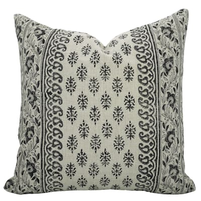 Fabdivine Block Printed Floral Cushion Cover Thick Linen for Fall Home Living or Dining Room Black Pillowcase, Flower Buta