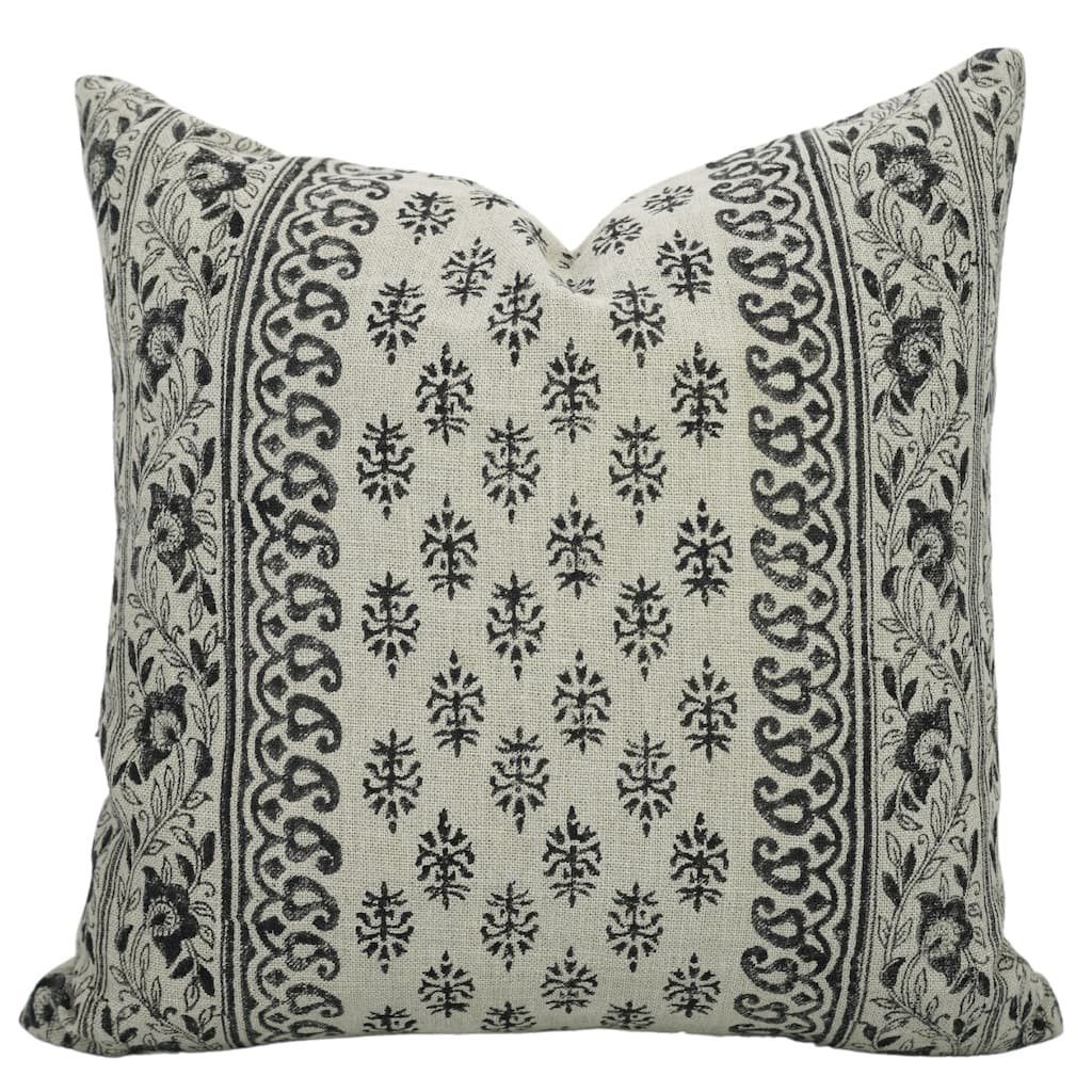 Fabdivine Block Printed Floral Cushion Cover Thick Linen for Fall Home Living or Dining Room Black Pillowcase, Flower Buta