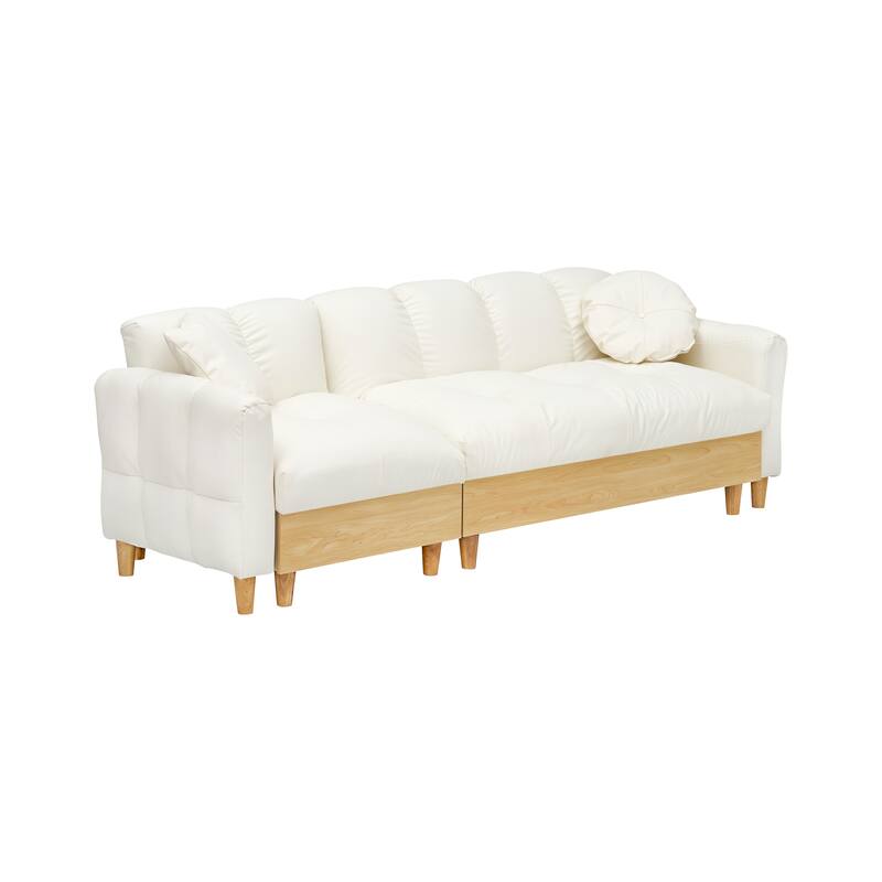 3-Seater Teddy Fabric Sleeper Sofa with Pull-Out Bed, Beige Couch with Storage and Gold Legs