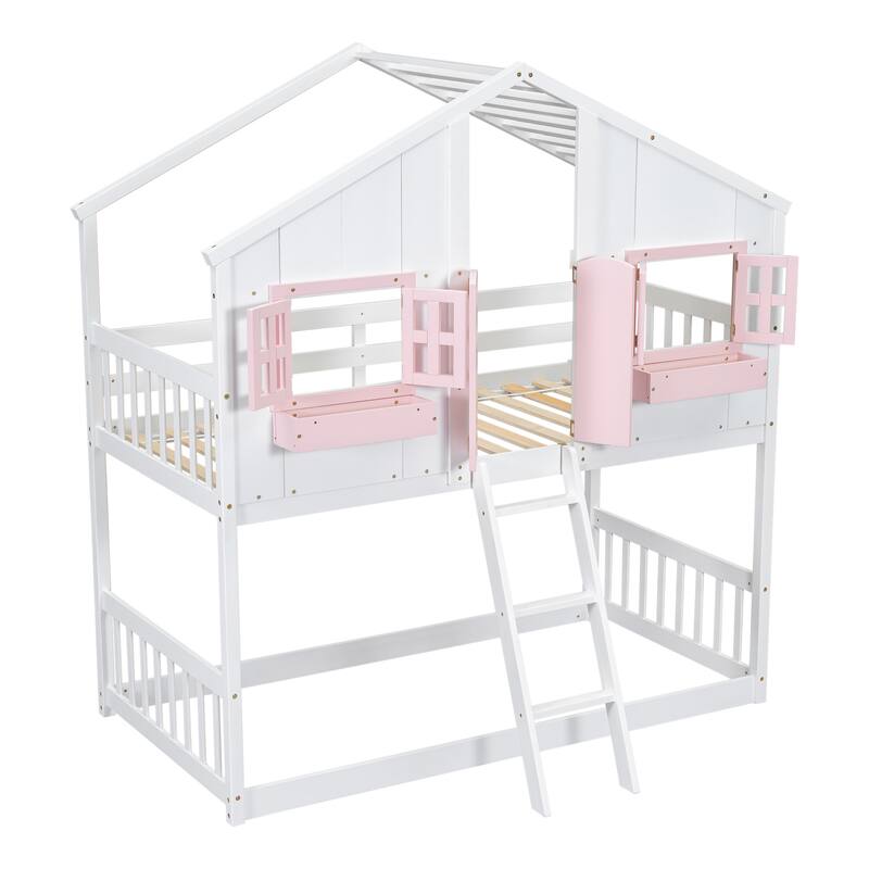 Pink/White Twin Over Twin House Bunk Bed with Roof, Window, Door, Safety Guardrails, and Ladder