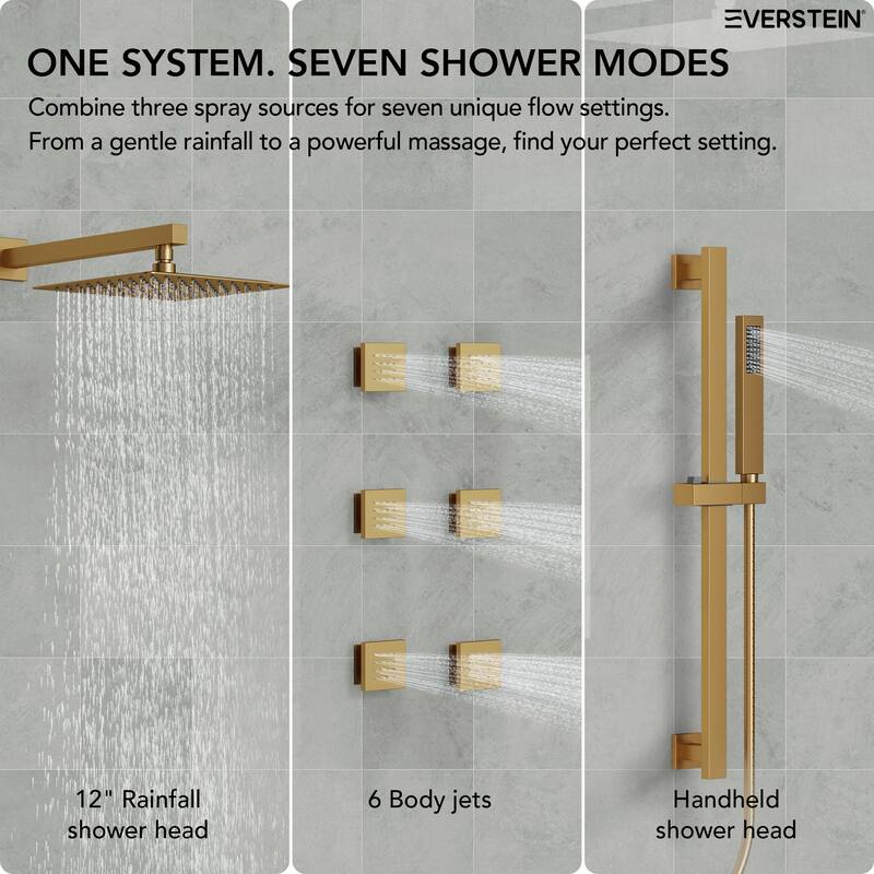Thermostatic Shower System 12" High-Pressure Rainfall Shower Head with Slide Bar Hand Shower
