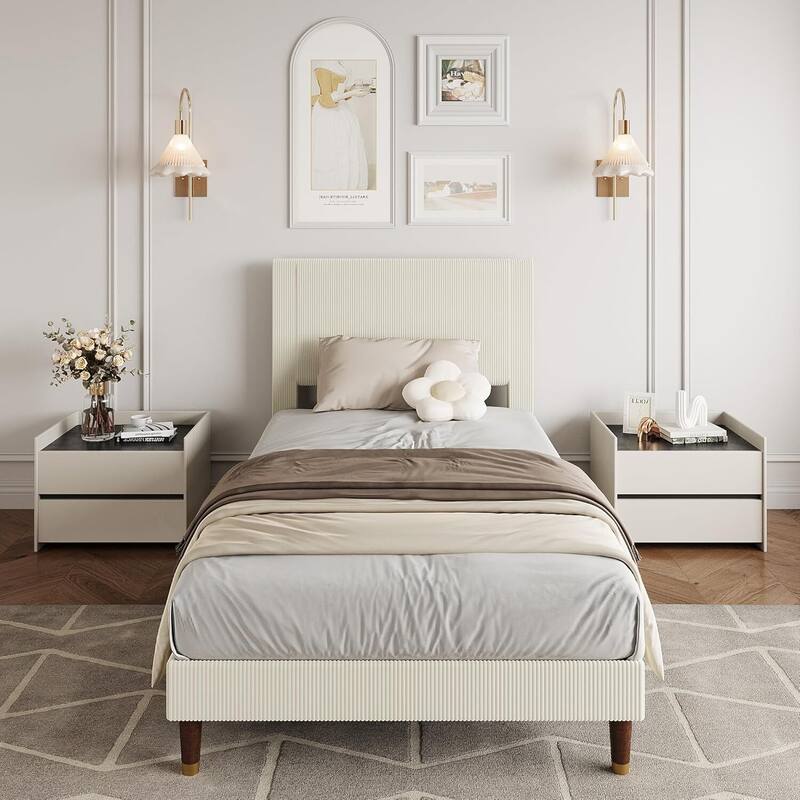 Soft Corduroy Fabric Platform Bed Frame with Upholstered Headboard, White - Twin