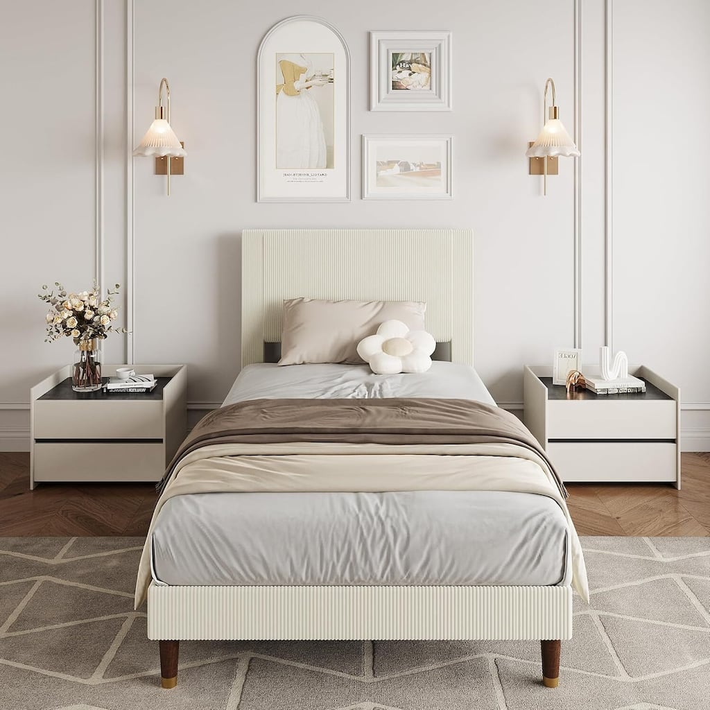 Soft Corduroy Fabric Platform Bed Frame with Upholstered Headboard, White