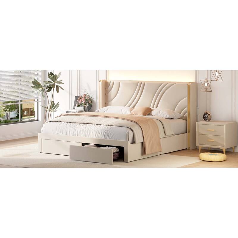 Modern Wingback Bed Frame with Storage Drawers RGB Light