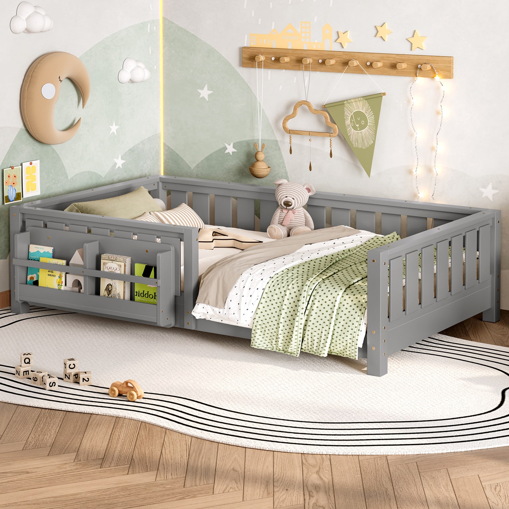 Montessori Floor Bed Low Profile Kids Bed with Rails & Bookshelf