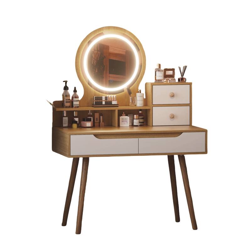 Makeup Vanity w/ 3 Color Light Mirror, 4 Drawers, Solid Wood Base