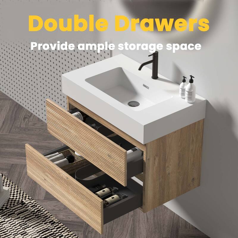 GDFStudio - Grace Wall-Mounted Bathroom Vanity with Engineered Quartz Sink & Soft Close Drawers, without Drainage and Faucet