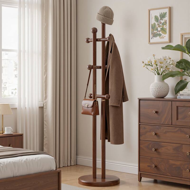 Freestanding Coat Rack Wooden Coat Tree with 6 Hooks and 2 Main Rods - 73.23"H x 15.75"W