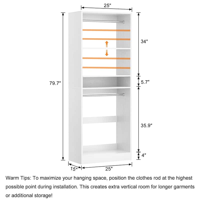 Cimly 25'' W Closet Organizer System with 2 Hanging Rods and DIY Shelves for Walk-in and Reach-in Closet