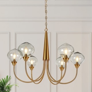 Celesn Modern Gold 6-Light Wheel Chandelier Glass Shade for Dining Living Room - D32" x H23"