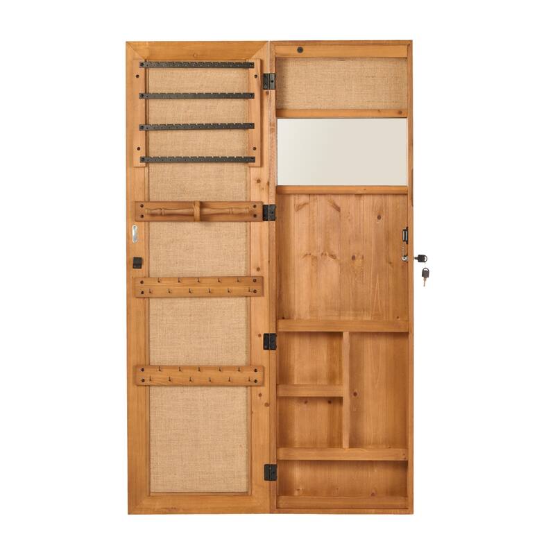Solid Wood Jewelry Armoire Organizer Cabinet with Full-Length Mirror, 47.5x14.3 in Wall-Mounted Lockable with LED Light