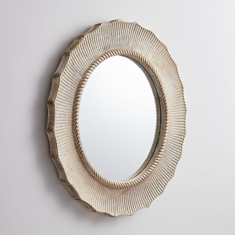 30" Bohemian Beige Round Wooden Decorative Bathroom Vanity Wall Mirror