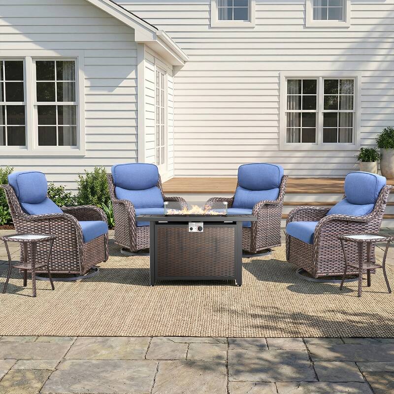 Pocassy Patio Sofa Swivel Chair Set with 43" Fire Pit Table - Brown Wicker Blue Cushion - 7-Piece Swivel Chair Table w/ Fie Pit Table