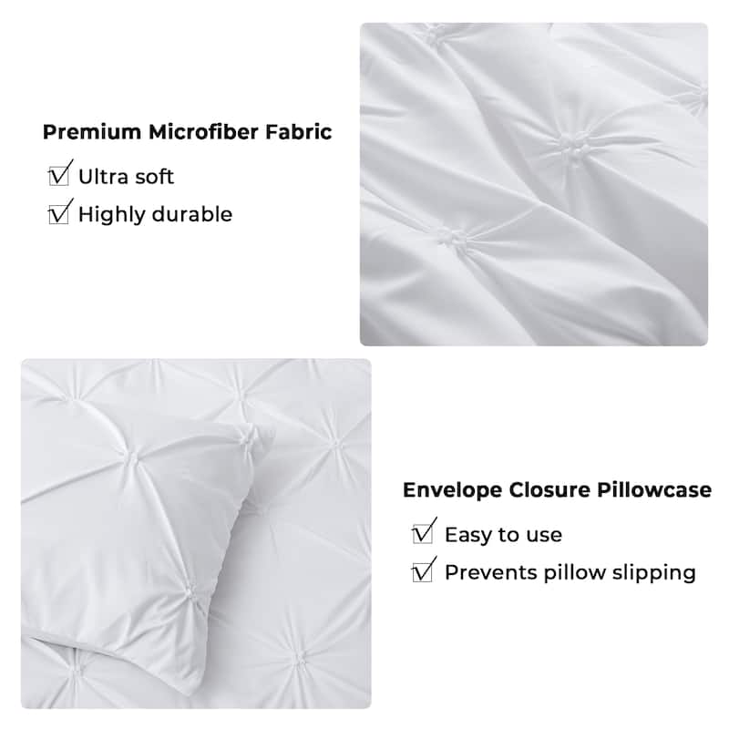 3 Piece Reversible Pintuck Pinch Pleat Comforter Set, Bedding Set for All Season
