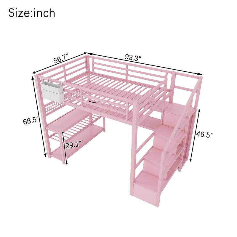 Full Size Metal Loft Bed with Staircase Storage, Wardrobe, Desk, Shelves, LED Lights and Charging Station