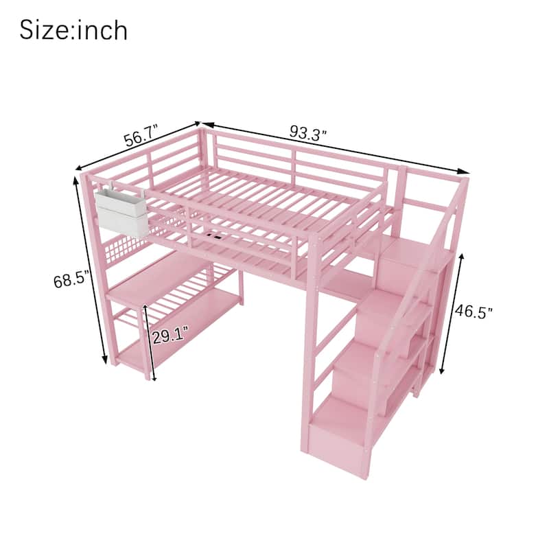 Full Size Metal Loft Bed with Staircase Storage, Wardrobe, L-Shaped Desk, Shelves, LED Lights and USB Charging Station