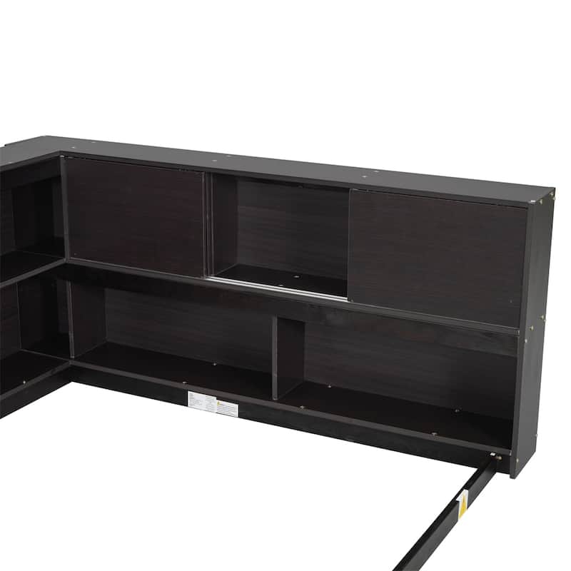 Full Floor Bed with L-shaped Bookcases, Sliding Doors Without Slats