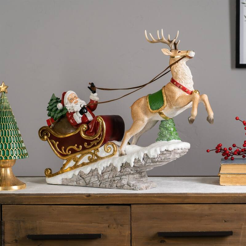 21.5" Red Green Santa in Sleigh Reindeer Christmas Tabletop Decoration
