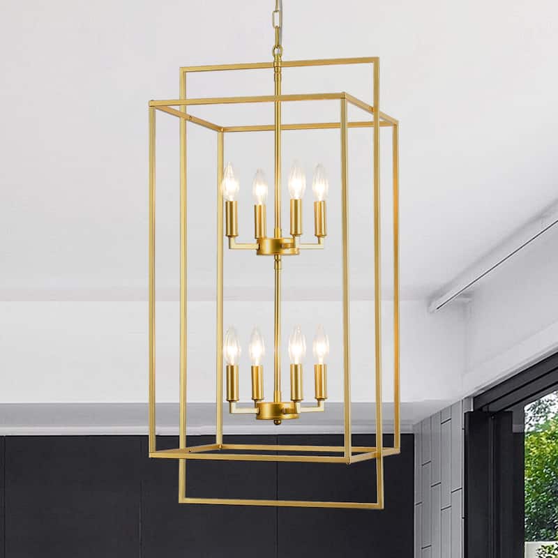 15.74inch Cage Two-tier 8-light Height Adjustable Metal Frame Chandelier for Multiple Different Spaces - Gold