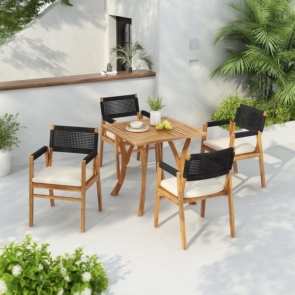 slide 2 of 25, Captef Outdoor 5-piece acacia wood Dining Set by Christopher Knight Home Black Rope Chair+Teak Finish Table