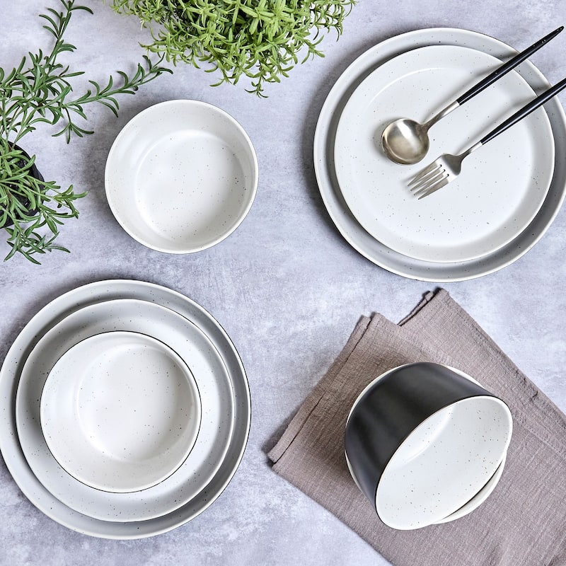 Sango Stockholm 12-Piece Black/White Stoneware Dinnerware Set - Service for 4, Plate & Bowl Set, Modern White