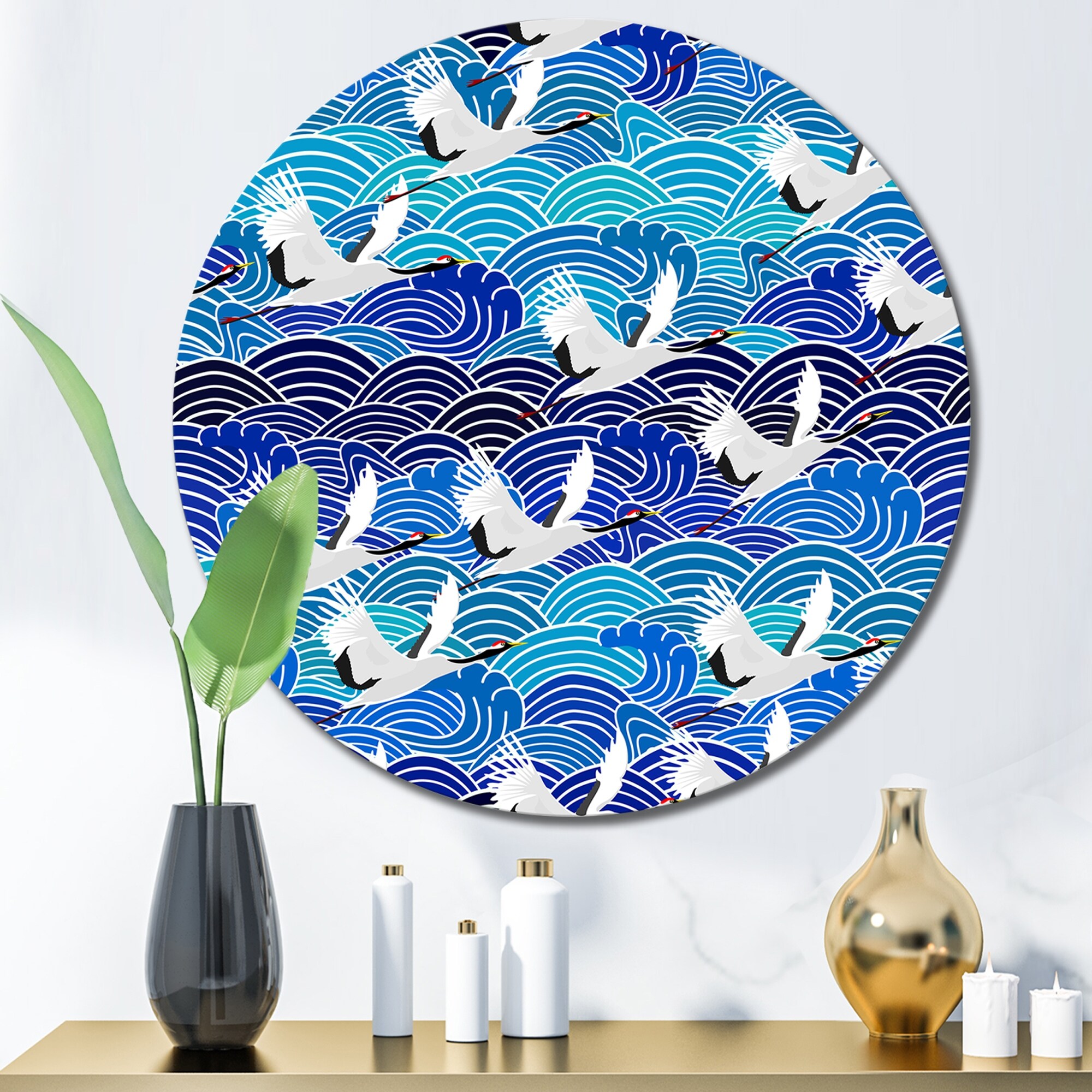 オリジナルアート作品#12 Designart 'Japanese Crane Birds On Blue Waves' Patterned