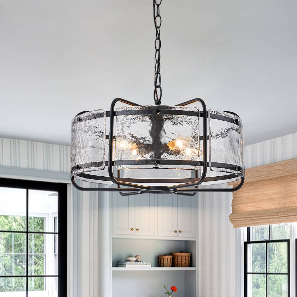 4-Light Lantern Drum Textured Glass Pendant Light