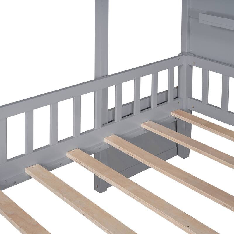 Twin Size House Bed with Upholstered Sofa, House Bed with Charging Station,Gray