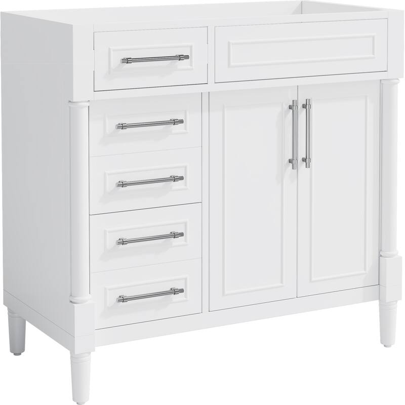Roomfitters 36" Vanity Cabinet Without Sink, Solid Wood Storage Unit with 2 Drawers, Tip-out Tray and Adjustable Shelf, White