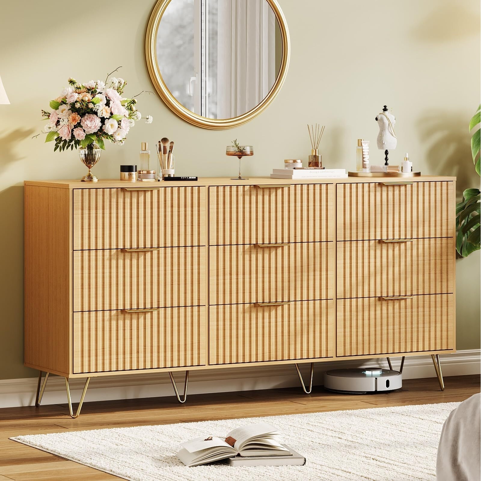 Fluted 9 Dresser Drawers for Bedroom, 63" Wood Storage Dresser & TV Stand with Metal Handles