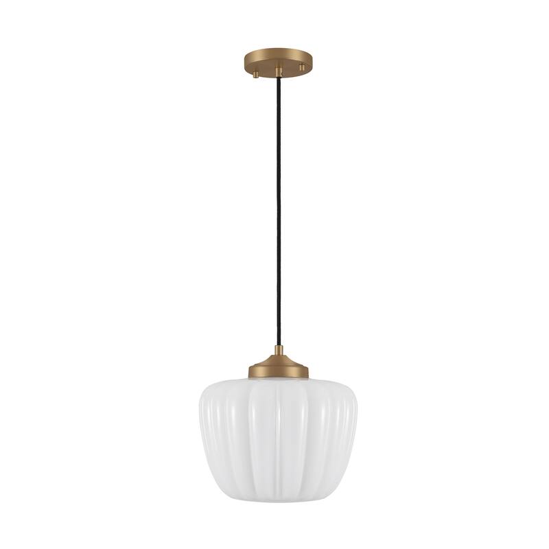 1-Light Matte Brass Pendant Lighting with Ribbed Glass Shade - Matte Brass
