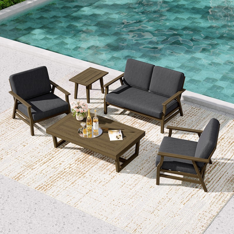5-Piece Teak Outdoor Conversation Set with Tables. - 4-seat - Dark Grey/Brown Wood