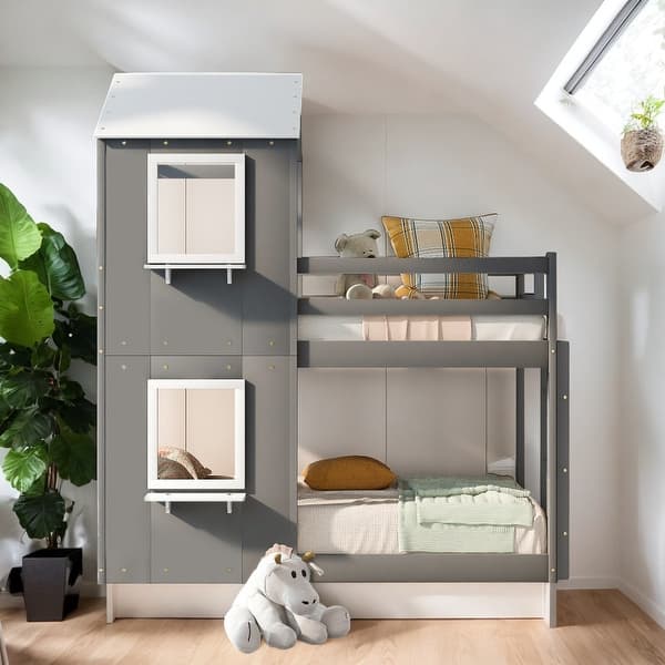 slide 2 of 38, Twin Over Twin Bunk Bed with Roof, Window, Guardrail & Ladder Grey