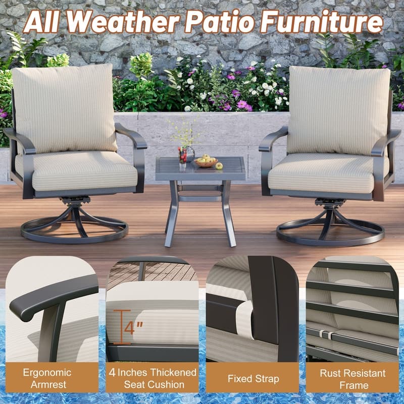 Erommy Patio Set: 360° Swivel Rockers, Sofa, Ottomans & Table – Outdoor Conversation Set for Poolside, Garden & Deck