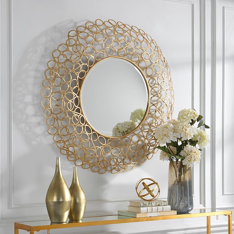 Curled Frame Round Beveled Wall Mirror - 41.75" - Gold