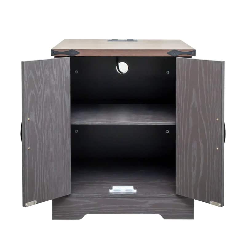 Roomfitters Walnut Farmhouse End Table with Charging Station, Rustic Sofa Side Table with Adjustable Shelf and Barn Doors