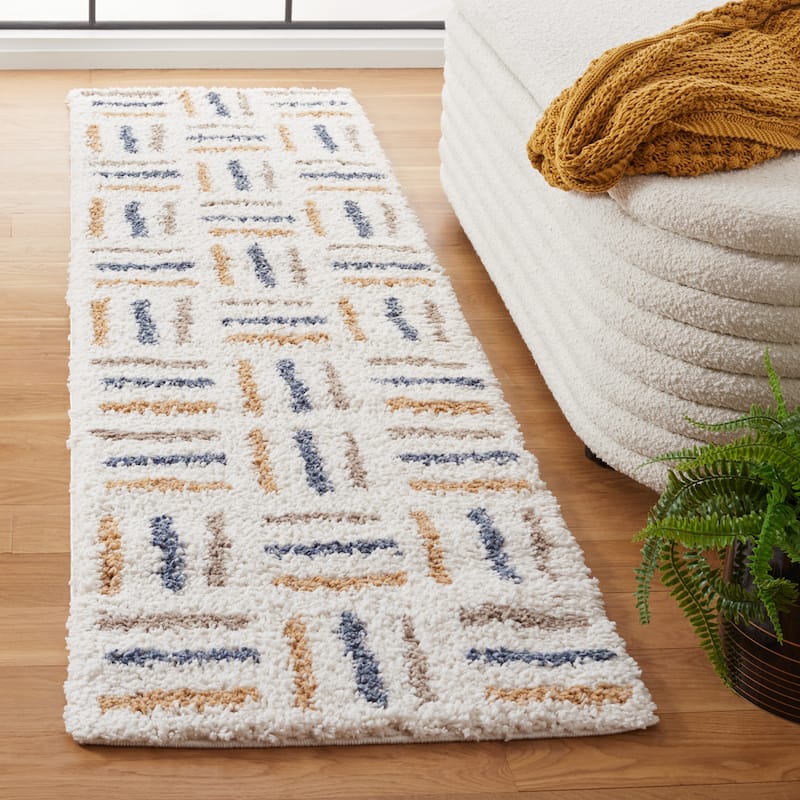 SAFAVIEH Calico Shag Tytti Geometric 1.5-inch Thick Rug - 2'2" x 8' Runner - Ivory/Gold - Runner