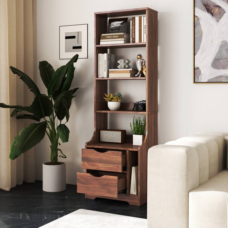 2-Drawer Tall Nightstand Bedside Table with Bookshelf Side Tables with Storage Shelves