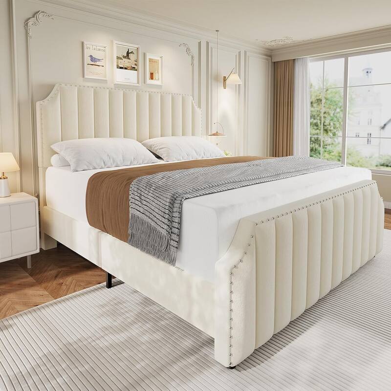 Queen/ King Size Velvet Bed Frame, 50.2" Tall Headboard & Footboard, Upholstered Platform Bed Frame No Box Spring Needed